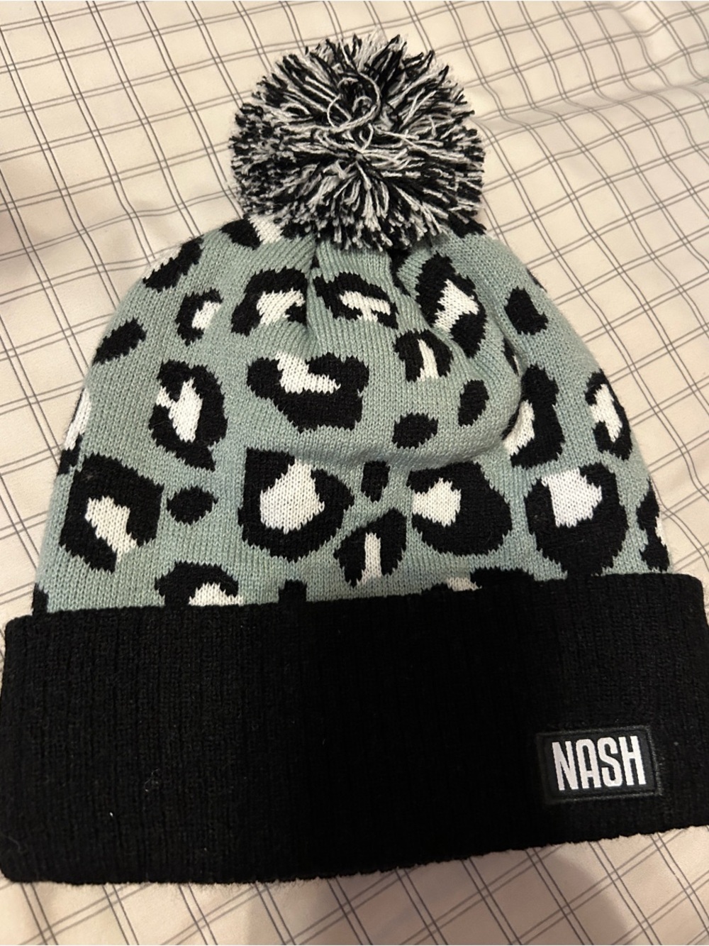 NASH Women's Pom Beanie in Mint Leopard with Black Cuff